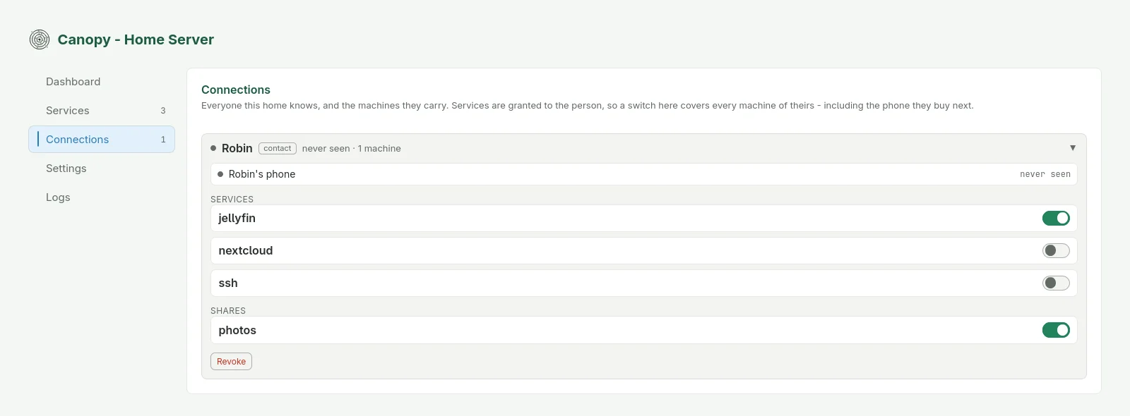 The Connections page with a guest named Robin expanded, showing switches for each service and shared folder