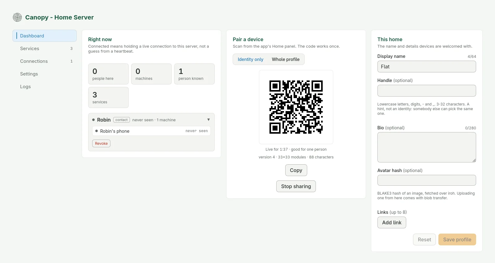 The Canopy console Dashboard showing a pairing QR code between a summary of who is connected and the home's name and details