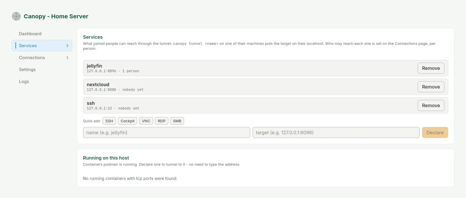 The Services page of the Canopy console, listing jellyfin, nextcloud and ssh with a form to add another